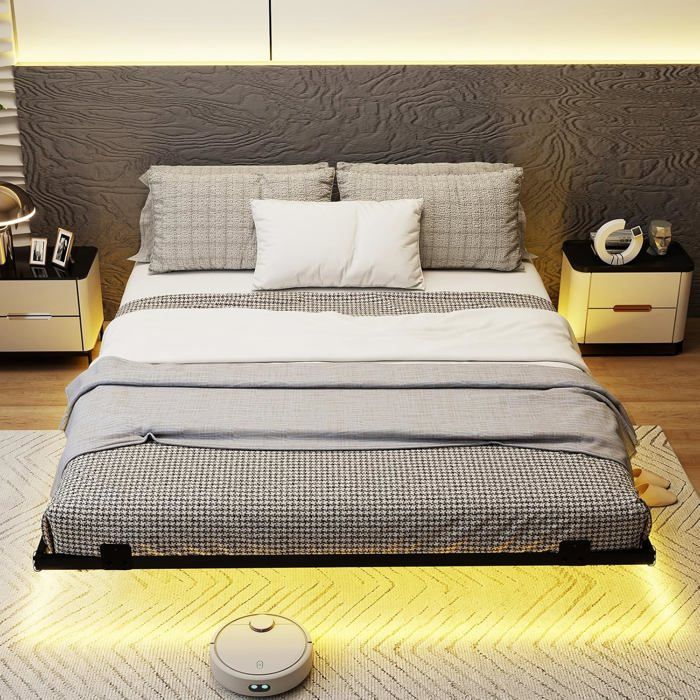 Structure de Lit Flottant 200 x 160 cm COSTWAY Éclairage LED Butée Anti-Glissement pour Matelas 12 Lattes en Métal Charge 400kg