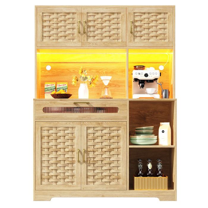Armoire haute LED moderne armoire de cuisine armoire de salle à manger avec tiroirs armoires vitrine sur pied (rotin - bois)