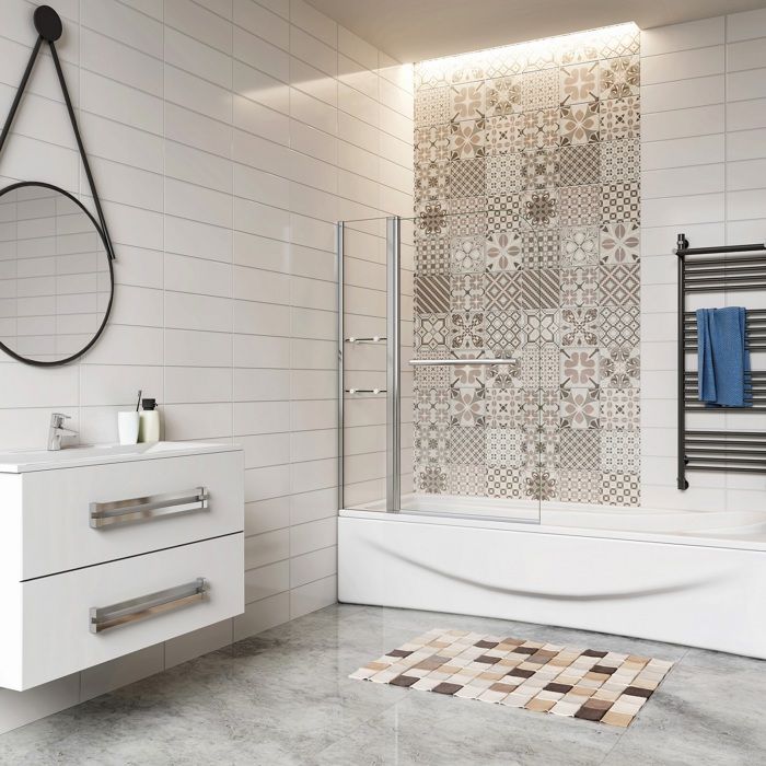 Pare baignoire chromé pivotante L.120 x 140 cm avec 2 étagères - 6mm verre sécurité - solution pratique élégante