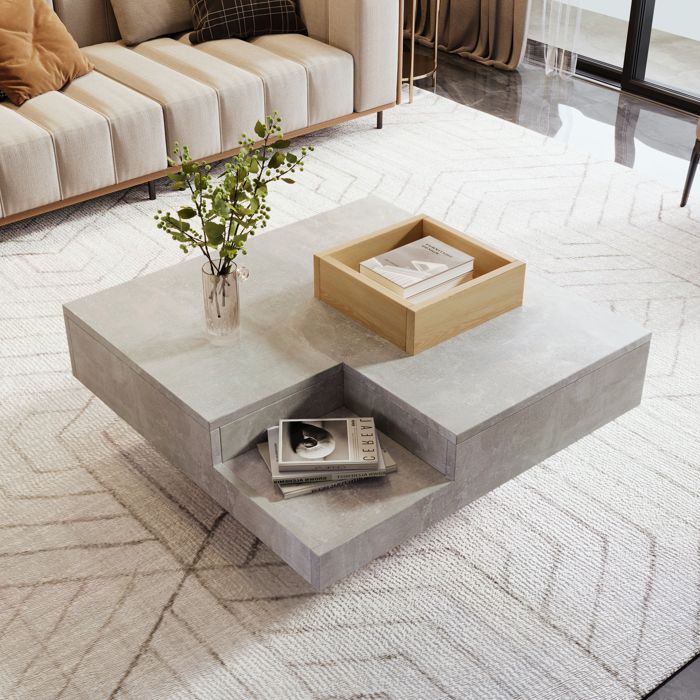 Table basse table de salon table dappoint avec boîte de rangement amovible gris béton et bois 72 * 72 * 30cm.