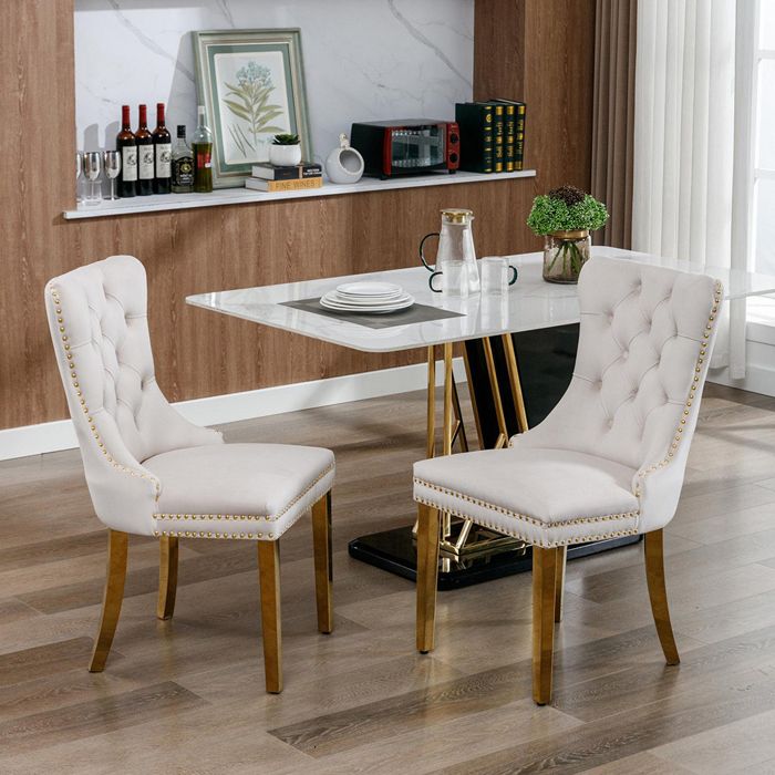 Lot de 2 Chaises de Salle à Manger Chaise de Cuisine Dossier à Ailes Pieds en métal doré Rembourrée Beige velours
