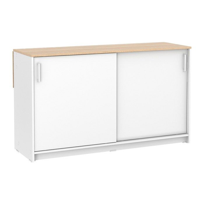 Ilot central de cuisine avec 2 portes - Blanc et chêne - BENITA