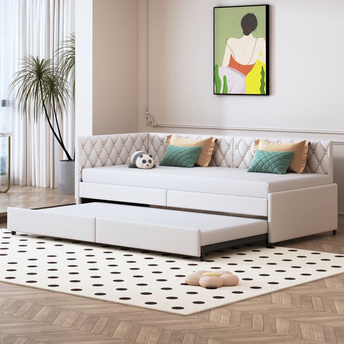 90/180x200 cm Canapé-lit extensible en velours beige convertible en 2 lits simples avec cadre de lit à lattes matelas non inclus