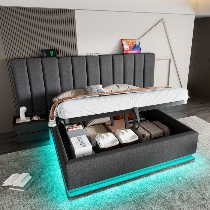 Lit Coffre Rembourré LED 180x200 avec Rangement USB et USB-C Éclairage RGB Cadre de Lit Moderne - Gris lin - Sans Matelas Lit Coffre Rembourré LED 180x200 avec Rangement USB et USB-C Éclairage RGB Cadre de Lit Moderne - Gris lin - Sans Matelas