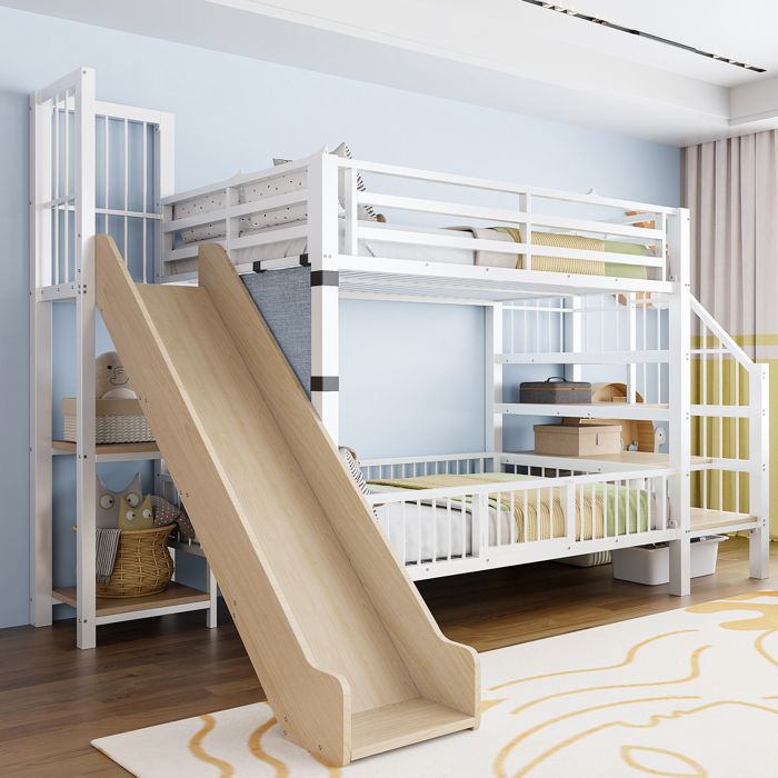 Lit superposé en métal LUONIANS 90 x 200 cm avec toboggan et escalier de rangement blanc