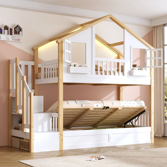 Lit Mezzanine enfant 90x200 cm avec échelle de rangement lit maison enfant avec fenêtre garde-corps et sommier lattes blanc Lit Mezzanine enfant 90x200 cm avec échelle de rangement lit maison enfant avec fenêtre garde-corps et sommier lattes blanc