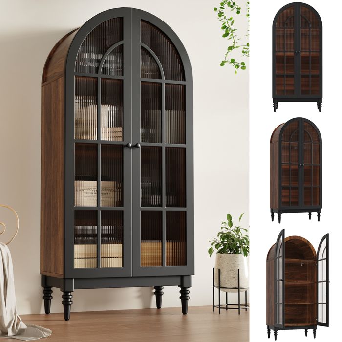 Armoire de rangement avec portes en verre - Noir - MDF - 76x35.5x165 cm - 37 kg - Portes en verre - Pieds en bois massif