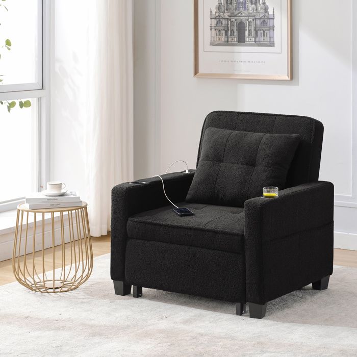 Canapé convertible 1 place noir fauteuil 3-en-1 réglable avec USB porte-gobelets montage nécessaire