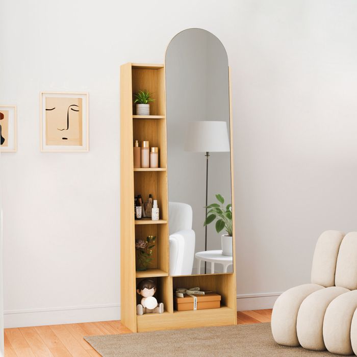 Meuble armoire haute à chaussures avec porte-miroir d’entrée rangement 60 x 28 x 165 cm bios naturel