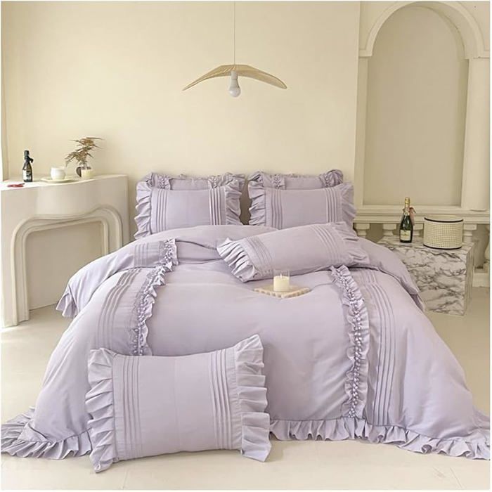 Parure de lit Feuille Lotus 200x230cm Housse couette + drap housse + 2 taies 48x74cm Volants Romantique Ado Fille PARURE DE COUETTE