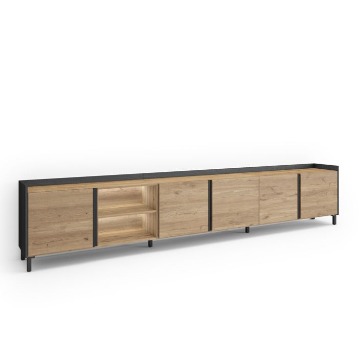 Meuble TV - 309x35x61cm - Pour les TV jusquà 80 - Design industriel - LED - Chêne et noir - RF4712 Meuble TV - 309x35x61cm - Pour les TV jusquà 80 - Design industriel - LED - Chêne et noir - RF4712