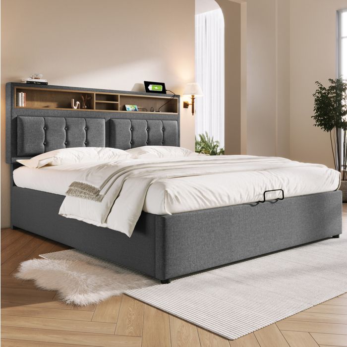 Lit Coffre avec Tête Réglable et Charge USB Type-C - TCQPZ - Sommier à Lattes sans Matelas Gris 160 × 200 cm