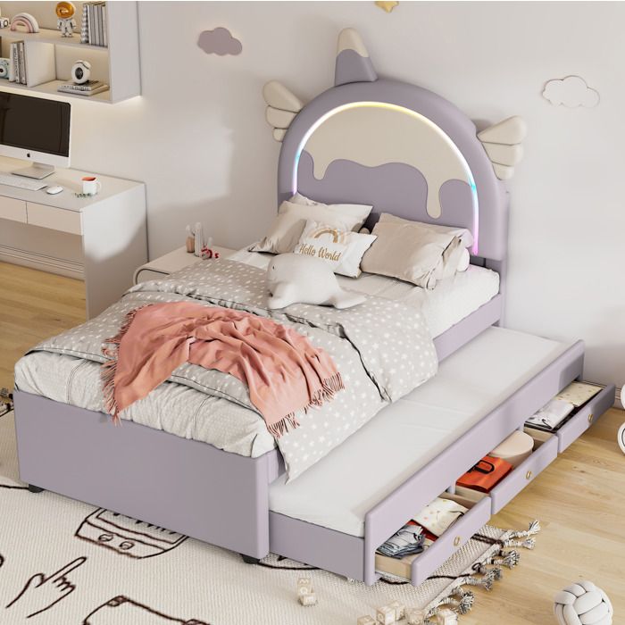 Lit enfant violet 90×200 cm avec lit gigogne et rangement tête licorne en PU sommier inclus sans matelas