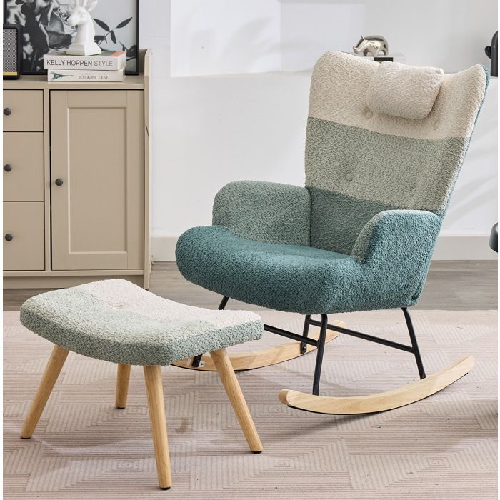 Fauteuil a Bascule avec Repose-Pieds Dossier Haut et Accoudoirs - ELVMI - en Tissu Boucle Multicolore