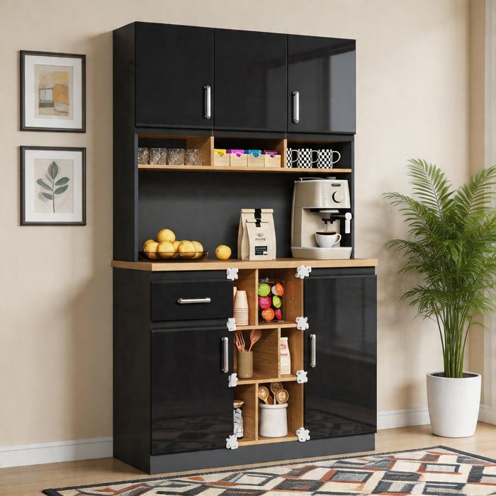 Vaisselier - 105x45x185 cm - Noir laqué & naturel - MDF - Anti-basculement