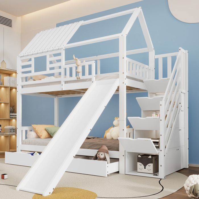 Lit superposé - Becag - Lit Enfant 90x200cm avec escalier et toboggan - lit en forme de maison avec fenêtre et toit - Blanc