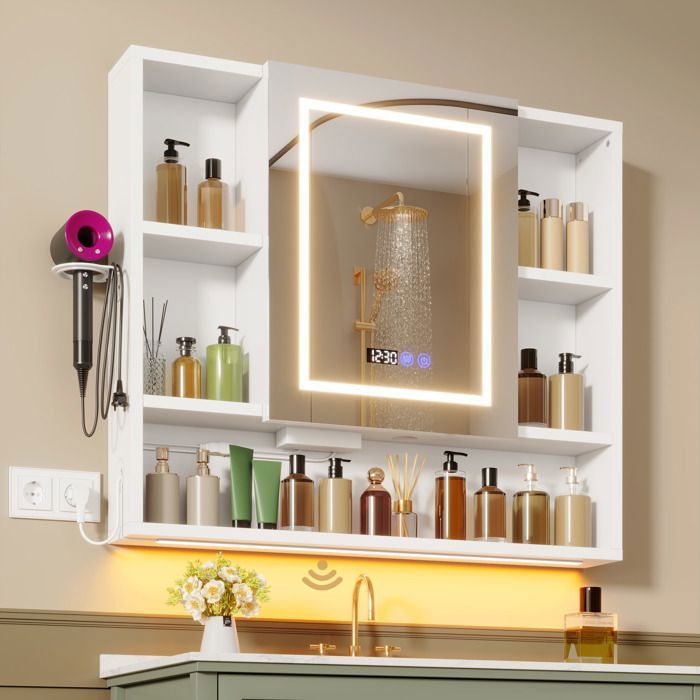 Armoire miroir salle de bain anti-buée LED -Rangement ouvert 90x16x80cm -3 couleurs-Prise 2AC/2USB- Support pour sèche-cheveux-Blanc