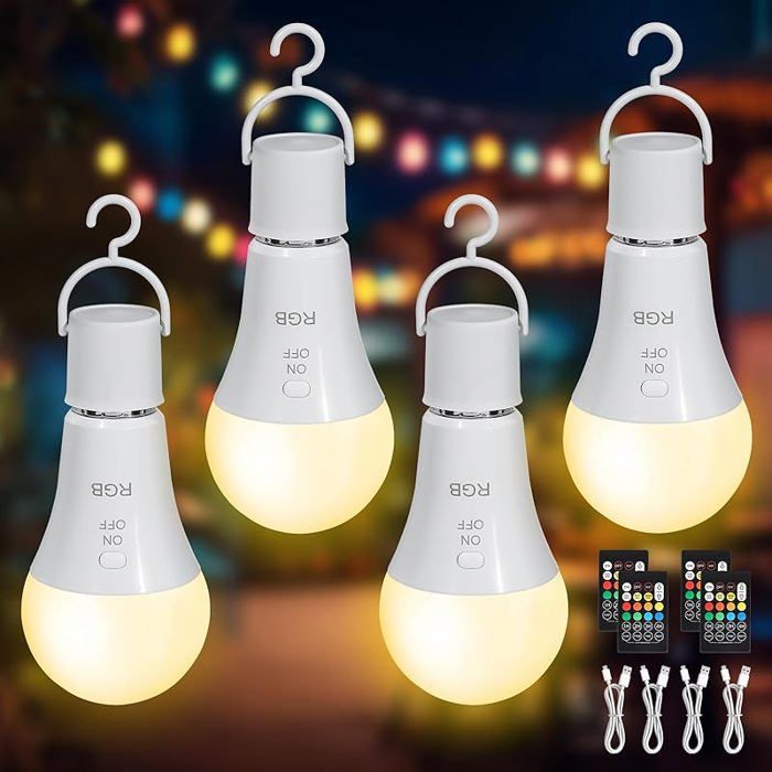 Ampoule E27 Led RGB Ampoule Rechargeable avec Telecommande S Fil Dimmable USB C Batterie 4 X RGB Ampoule Rechargeable
