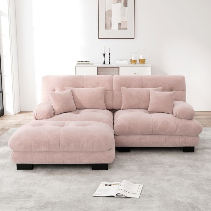 Canapé dangle - Chenille rose - 220x145x81 cm - Coussins lombaires inclus - Coussins décoratifs inclus