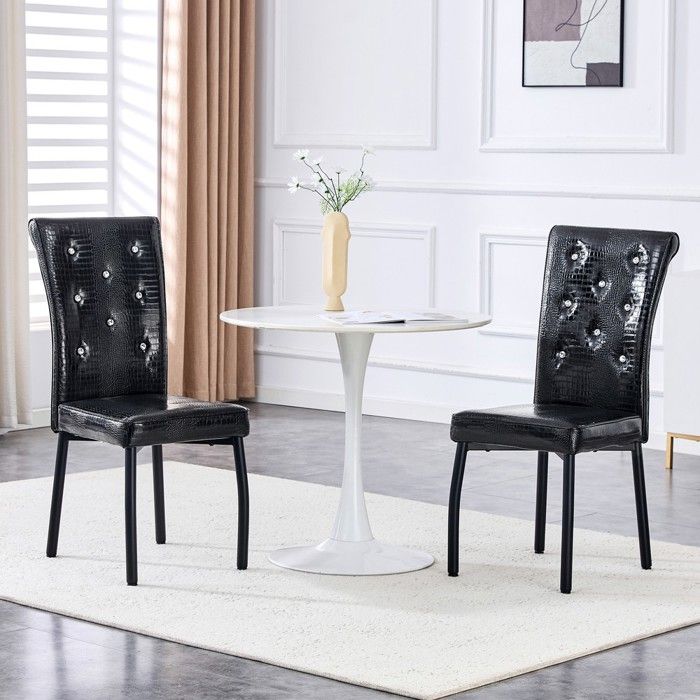 CollaHausse Lot de 2 Chaises de Salle à Manger Vintage en Simili Cuir Crocodile Noir Boucle Cristal
