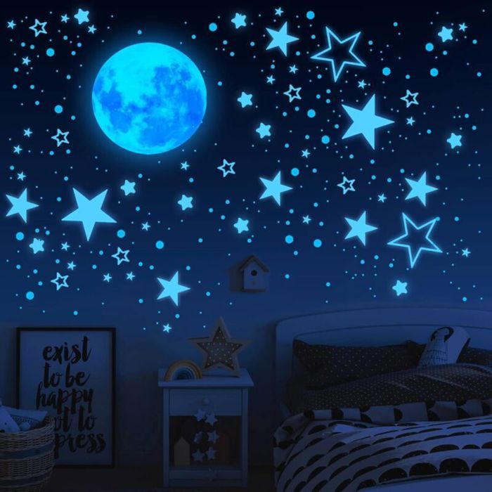 Stickers Muraux Lumineux Étoiles & Lune – 1049 Pièces pour Chambre dEnfant Bleue