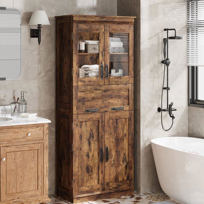 Colonne 170cm rétro vitrée étagères réglables – Gain de place optimal petite salle de bain/cuisine rangement double niveau