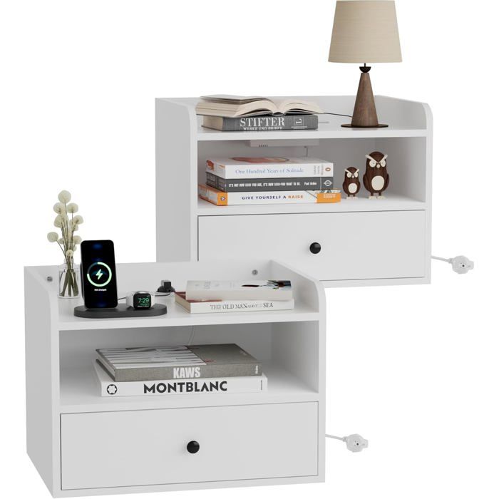 Lot De 2 Tables De Chevet Murales Tables De Chevet Suspendues Avec Prises Électriques Y Usb Ports Espace Ouvert Et Tiroirs S[CA12]