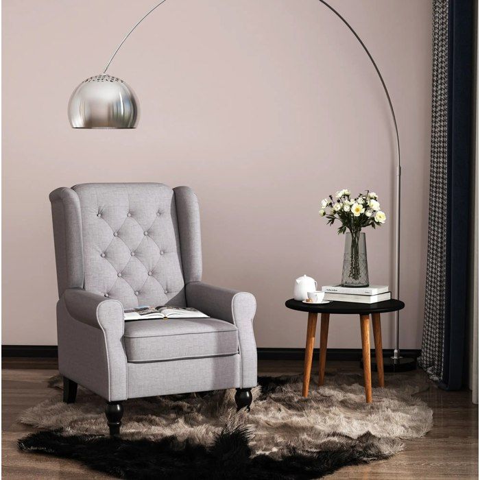 Fauteuil à oreilles 1 place EVRYAE 74 x 86 x 102 cm dossier capitonné polyester gris pieds en bois noirs