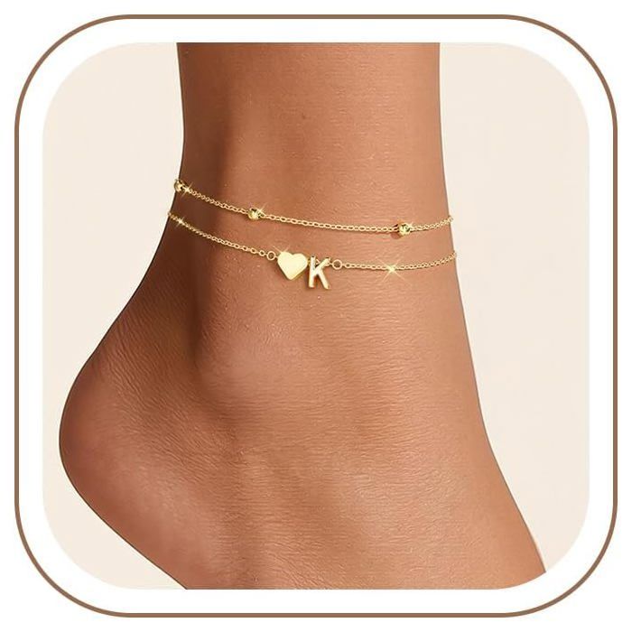 Bracelet De Cheville En Forme De Cœur Avec Lettres Pour Femme-Plaqué Or 14 Carats-Avec Zircone-Cadeau Pour Femme Et Fille-Bi[CA109]