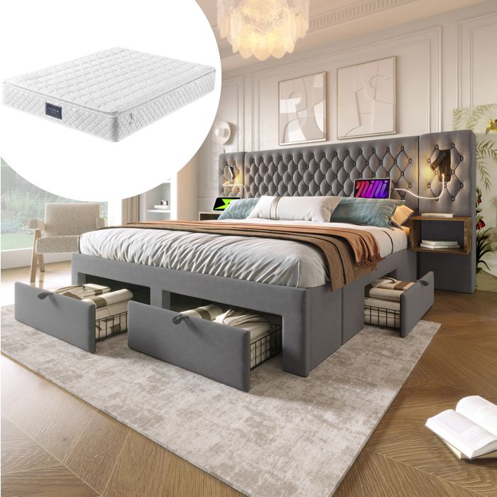 MEUBLIV Lit double 160 x 200 cm avec matelas 2 tables de chevet 4 tiroirs liseuses USB Type-C velours gris