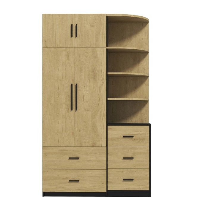 Armoire de chambre noir bois naturel 110x40x186cm 2 portes vitrées tringle 5 tiroirs grand meuble rangement dressing Armoire de chambre noir bois naturel 110x40x186cm 2 portes vitrées tringle 5 tiroirs grand meuble rangement dressing