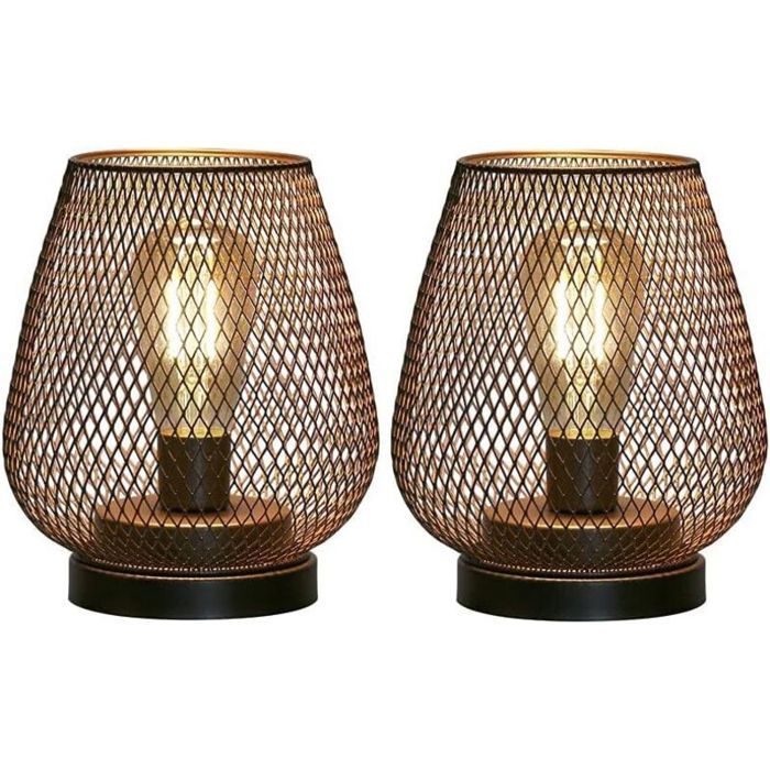 Ensemble de 2 lampes de chevet en métal noir – Design cage vintage – Éclairage LED blanc chaud – Pour intérieur et extérieur