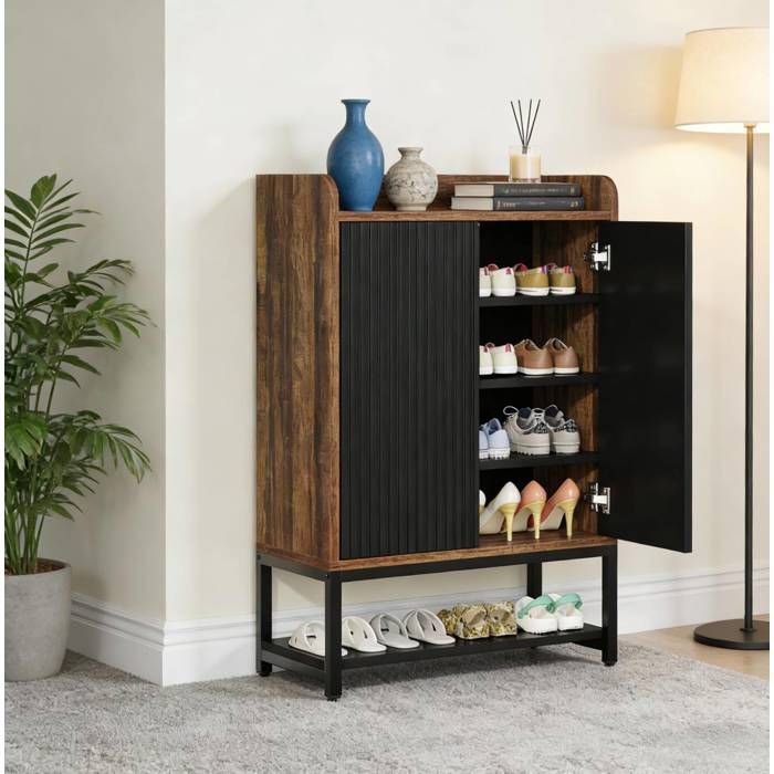 Meuble A Chaussures Noir Et Marron Rustique Armoire A Chaussures Vintage FloraGrace Pour Entrée Facile A Assembler 73x35x1055cm