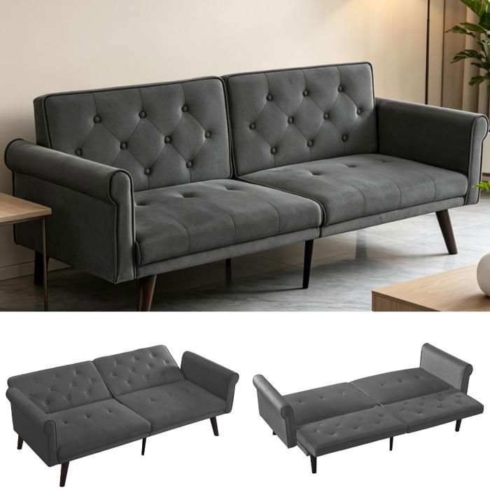 Canapé Clic-Clac - SOGEU - Clic-Clac 172x89x70 cm - Velours gris - Dossiers 5 positions - 2 places convertible
