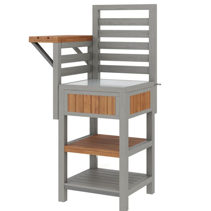 Armoire de jardin dexterieur - plan de travail en inox double etagere tablette laterale pliante coloris naturel