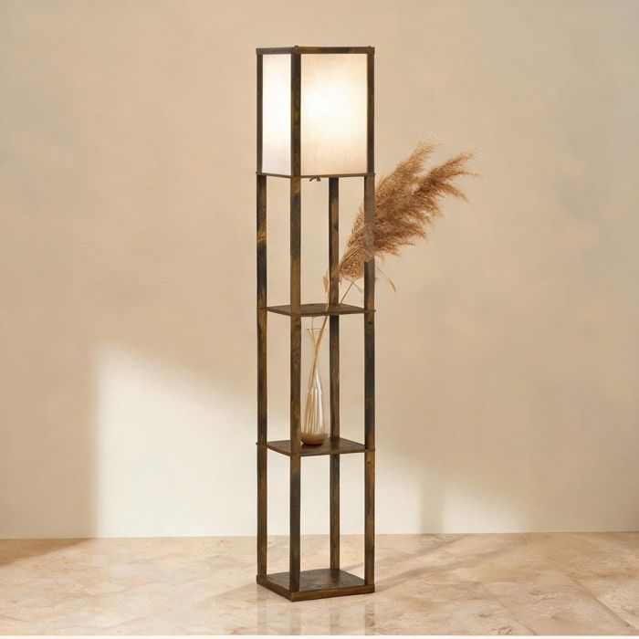 Lampadaire avec rangement intégré 3 étagères MDF marron 160 cm 26x26 cm