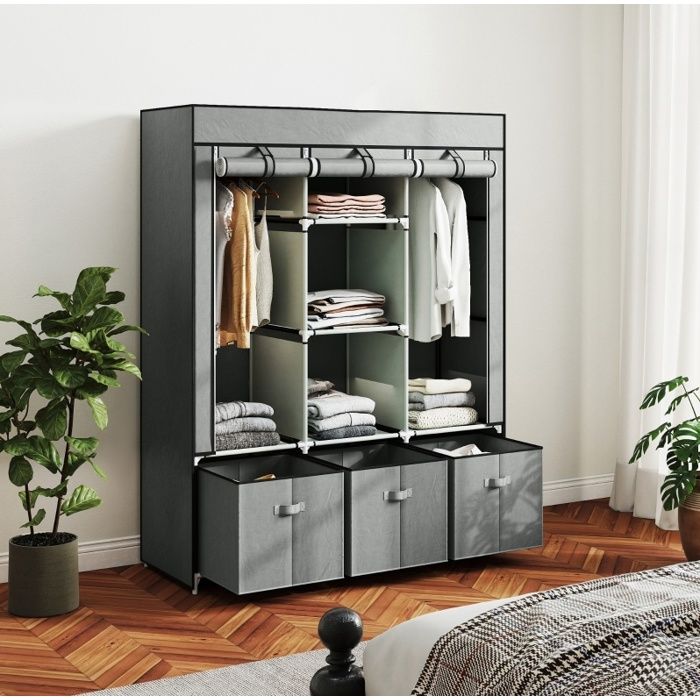VUENOR Armoire en tissu gris clair 125 x 43 x 162 5 cm avec 2 tringles et 3 tiroirs