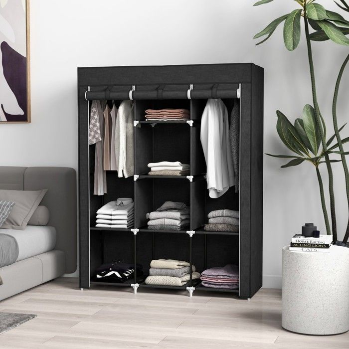 Penderie Souple Noire 125x43x163-8 Étagères-Pliante-Gain Place-Chambre-Rangement-Légère-Pratique-Économique-Fonctionnelle