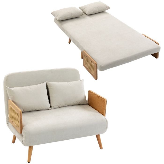 Canapé convertible 2 places - HOMCOM - dossier réglable - 2 oreillers - chenille et bois - 103 x 78 x 82 cm - crème