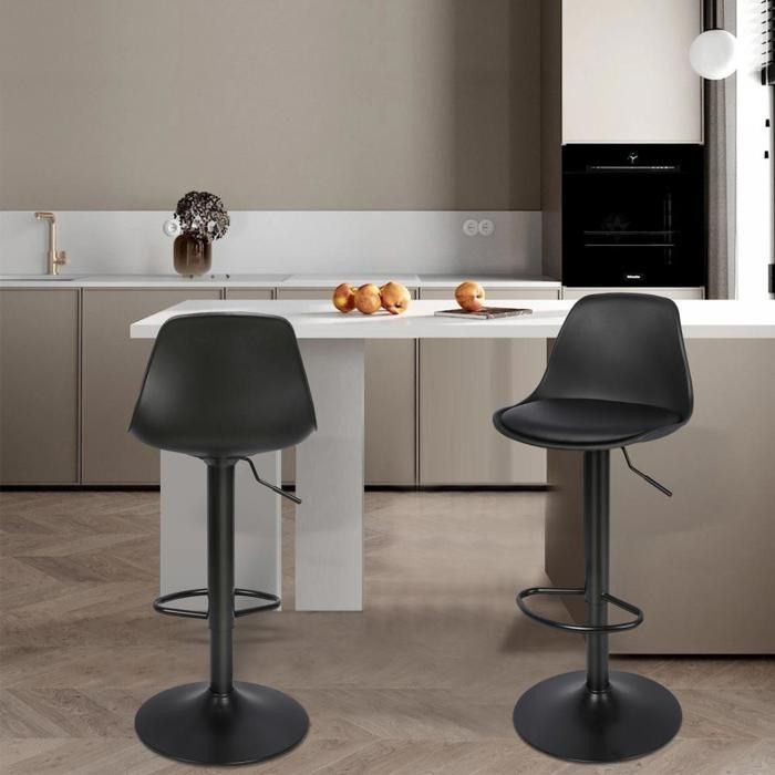 MIPAN.Lot De 2 Chaises De Bar Avec Coussins En Pu Thermolaqué - Noir - 37 5 × 33 5 × 55-75 CM - Adaptés Cuisine Et Au Bar