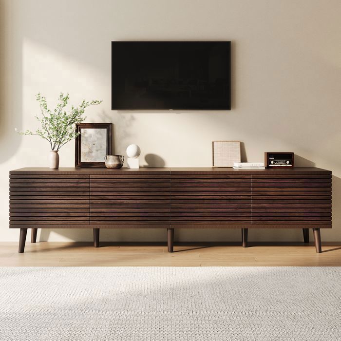 Meuble TV effet noyer - ZEMINPEOEL - 180 x 40 x 46 cm - 4 portes - 6 rangements - Passe-câbles - Façade à lattes - MDF