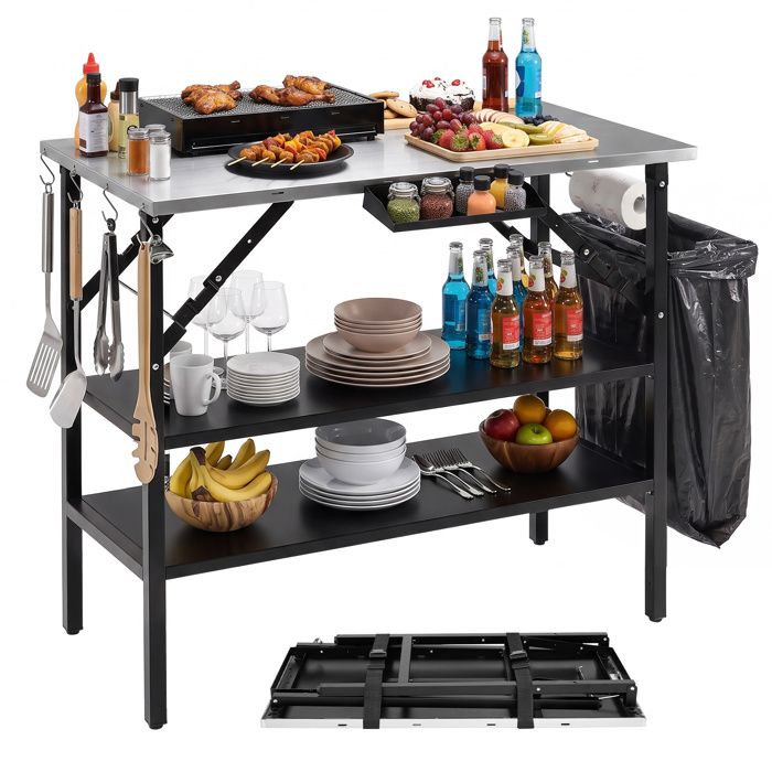 Table Pliante de Jardin Cuisson COSTWAY Plateaux Inox 91x51cm 2 Étagère Poubelle Porte-Épices Crochets Décapsuleur Charge 115kg Table Pliante de Jardin Cuisson COSTWAY Plateaux Inox 91x51cm 2 Étagère Poubelle Porte-Épices Crochets Décapsuleur Charge 115kg
