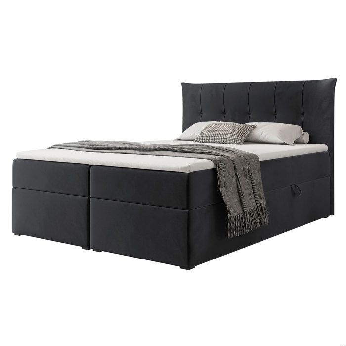 Lit Coffre CHESTER - 200x200 cm - avec matelas et surmatelas - Velours doux - Noir