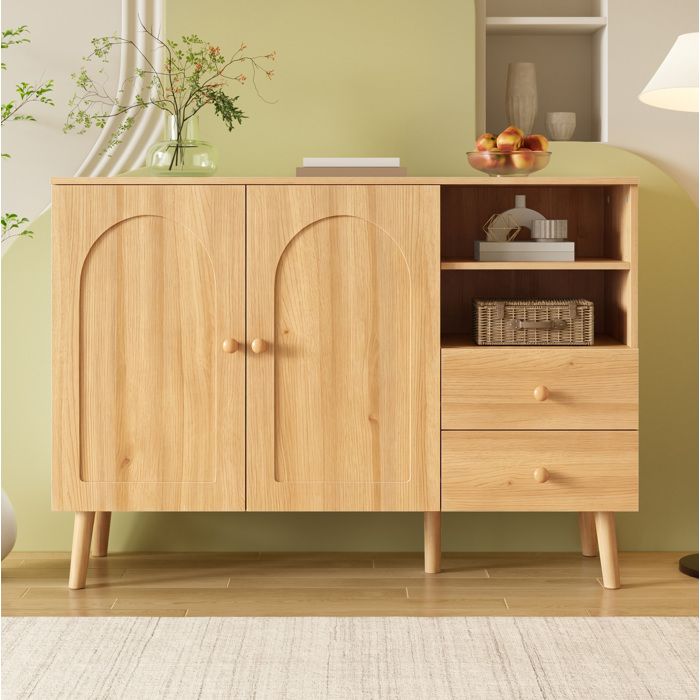 MEULVA Buffet bas 118 cm avec 2 portes cintrées 2 tiroirs et 2 niches ouvertes aspect bois naturel