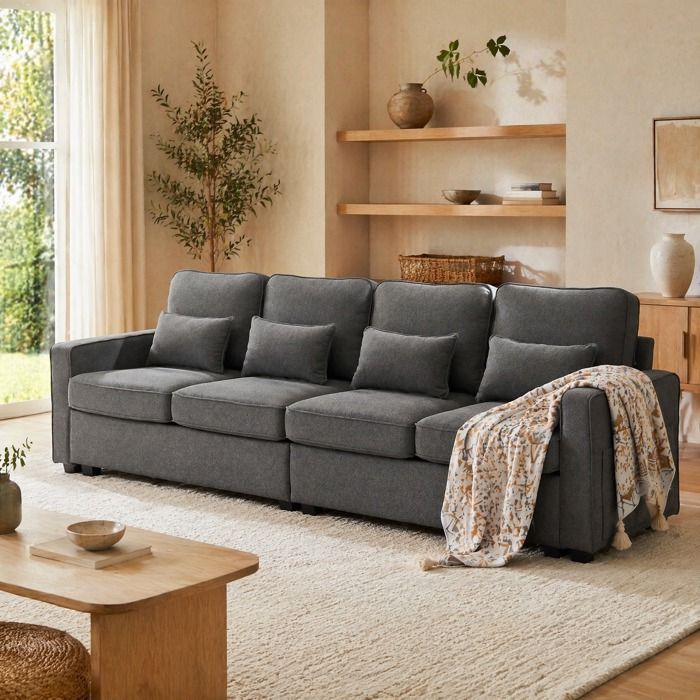 Canapé fixe 4 places en tissu lin gris foncé dossier haut 4 coussins pochettes accoudoirs 264 cm FOLYNA