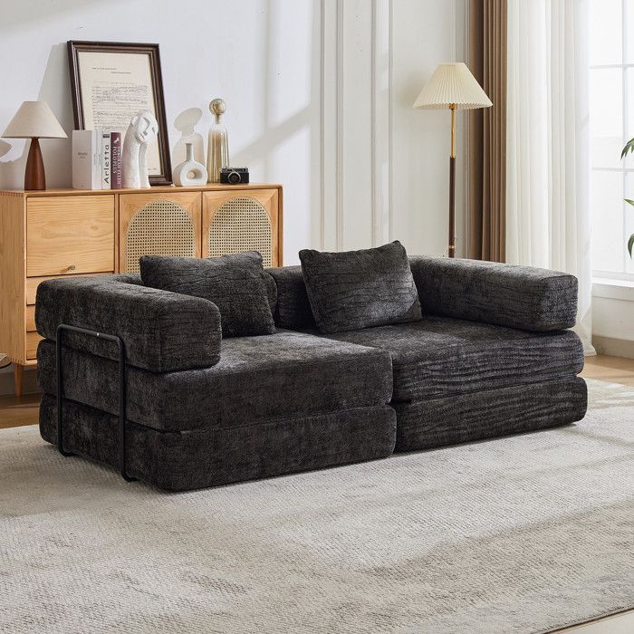 Canapé Convertible 2 Places - 200x100x63cm - Canapé Lit Modulaire Tissu Chenille Matelas Ressorts Ensachés - Noir
