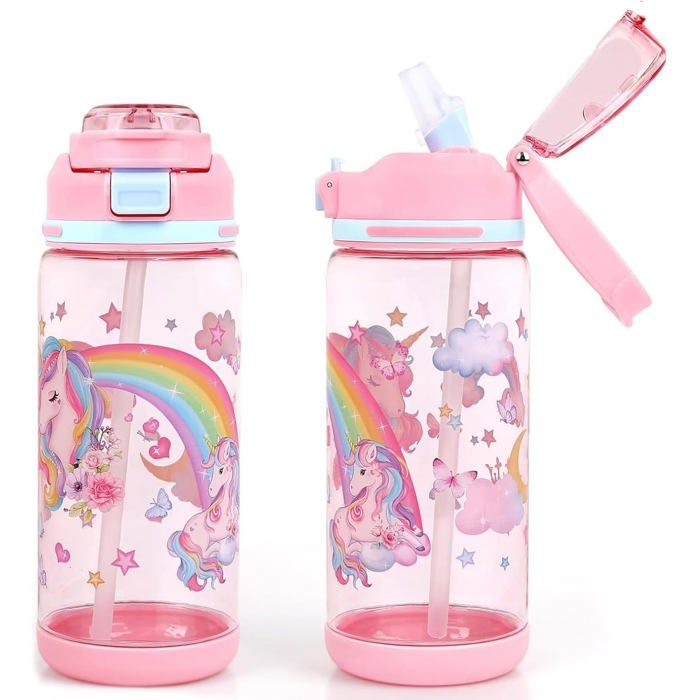 Gourde Enfant Anti-Fuite 600ml Gourde Maternelle Paille Licorne