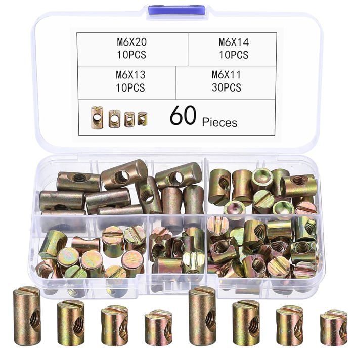60 Pcs Écrous Cylindriques M6 à Fente pour Meubles 11/13/20/24 mm Écrous à barillet pour lit chaises et berceau fixation meuble