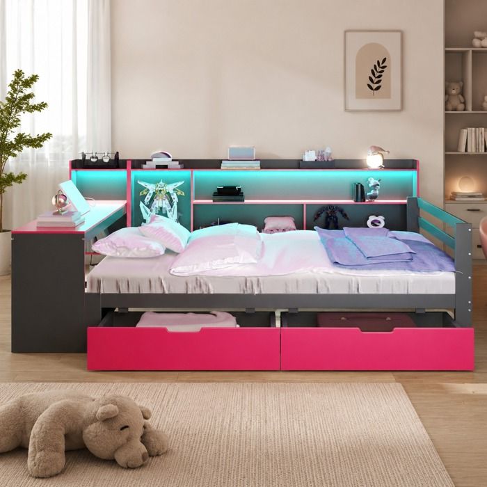Lit Combiné 2 Places 140×200 cm avec Bureau Bibliothèque LED USB et 2 Tiroirs Sans Matelas Noir et Rouge - MEUVYX