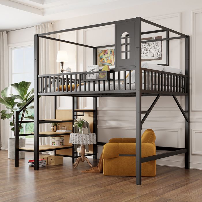 Lit mezzanine enfant 2 places 140x200 cm Lit cabane Lit jeune adulte Lit double en métal avec escalier de rangement armoire noir